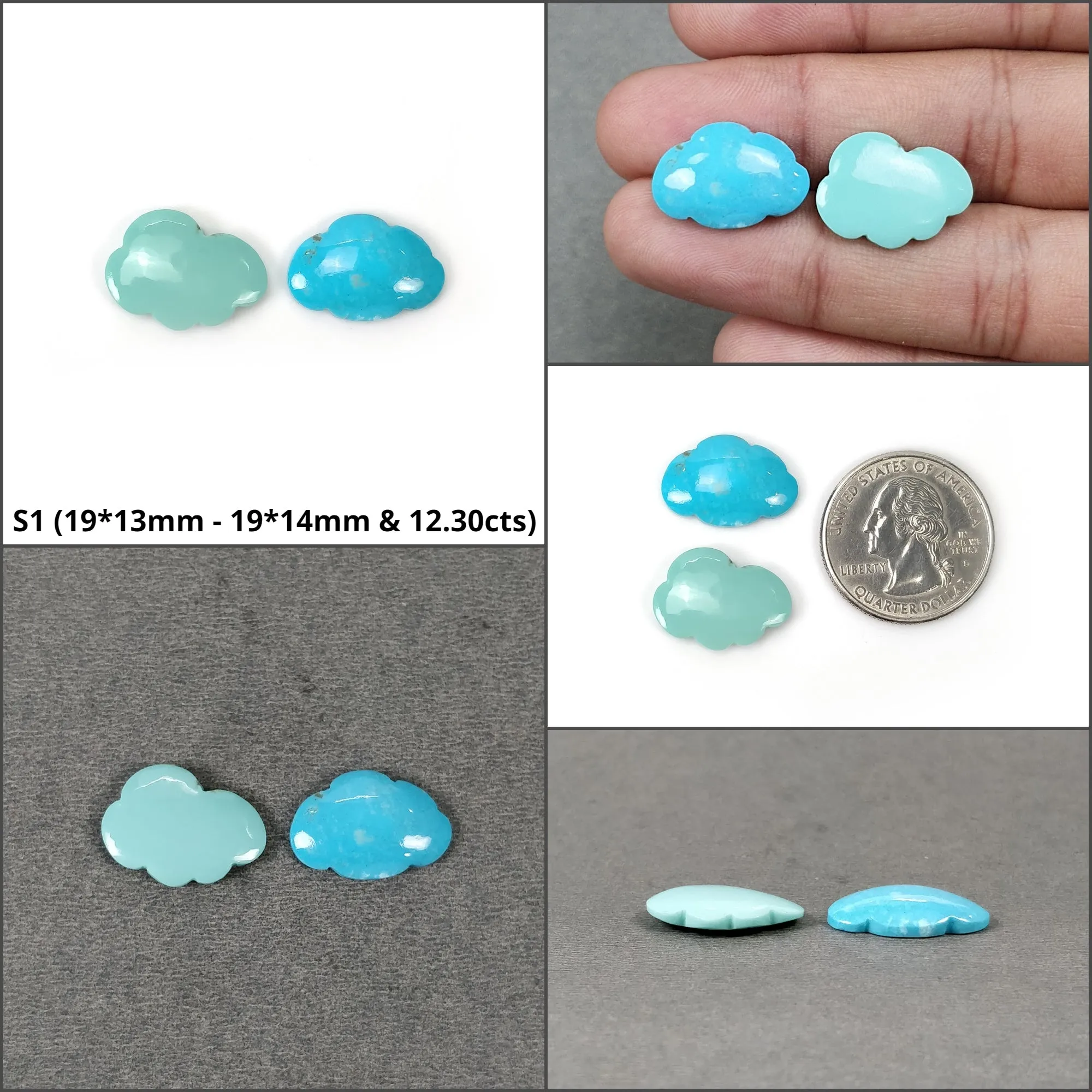 Blue TURQUOISE Gemstone Carving : Natural Untreated Unheated Arizona Turquoise Hand Carved Cloud Sets