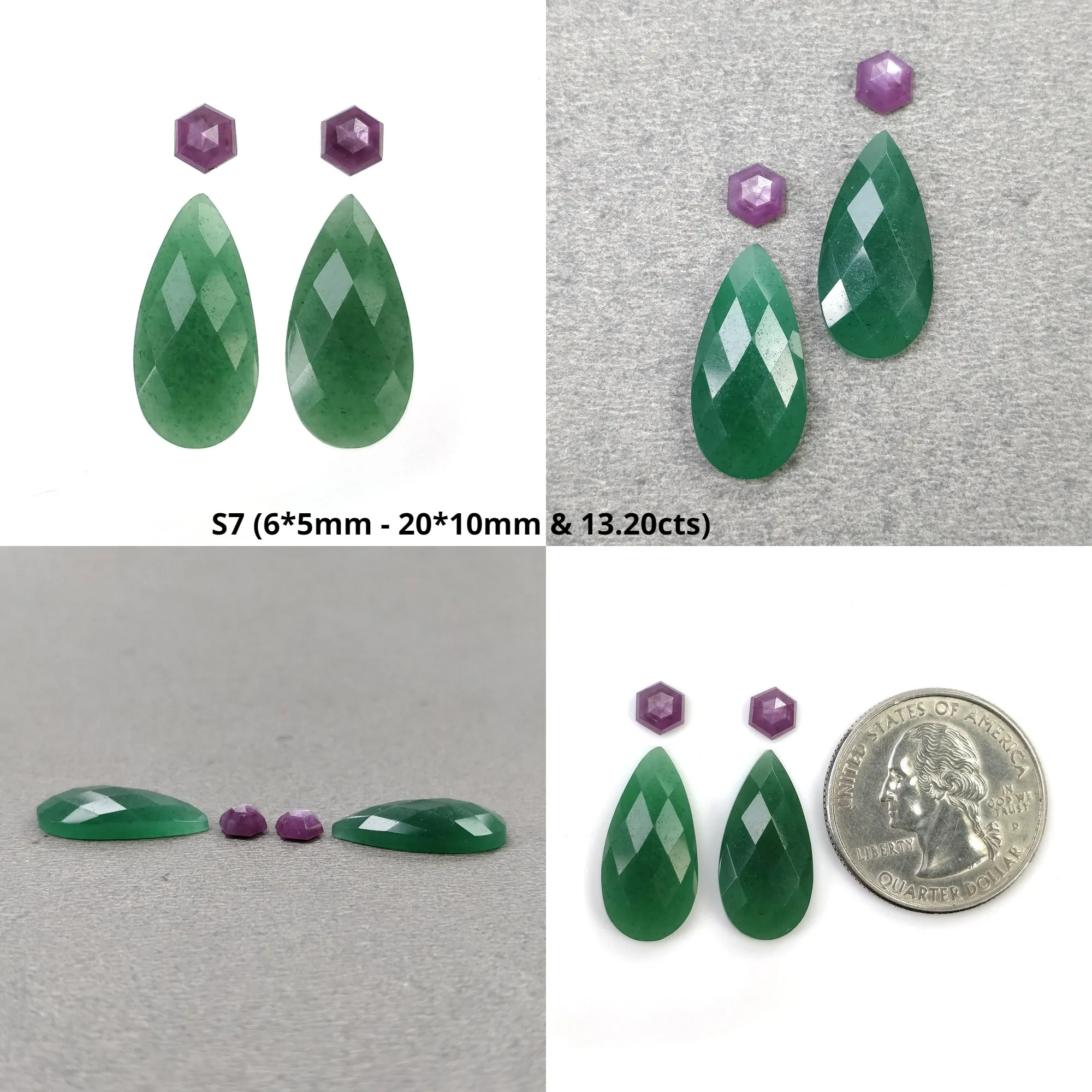 GREEN QUARTZITE & Raspberry Pink Sapphire Gemstone Checker Rose Cut : Natural Untreated Quartzite Pear Round Shape 4pcs