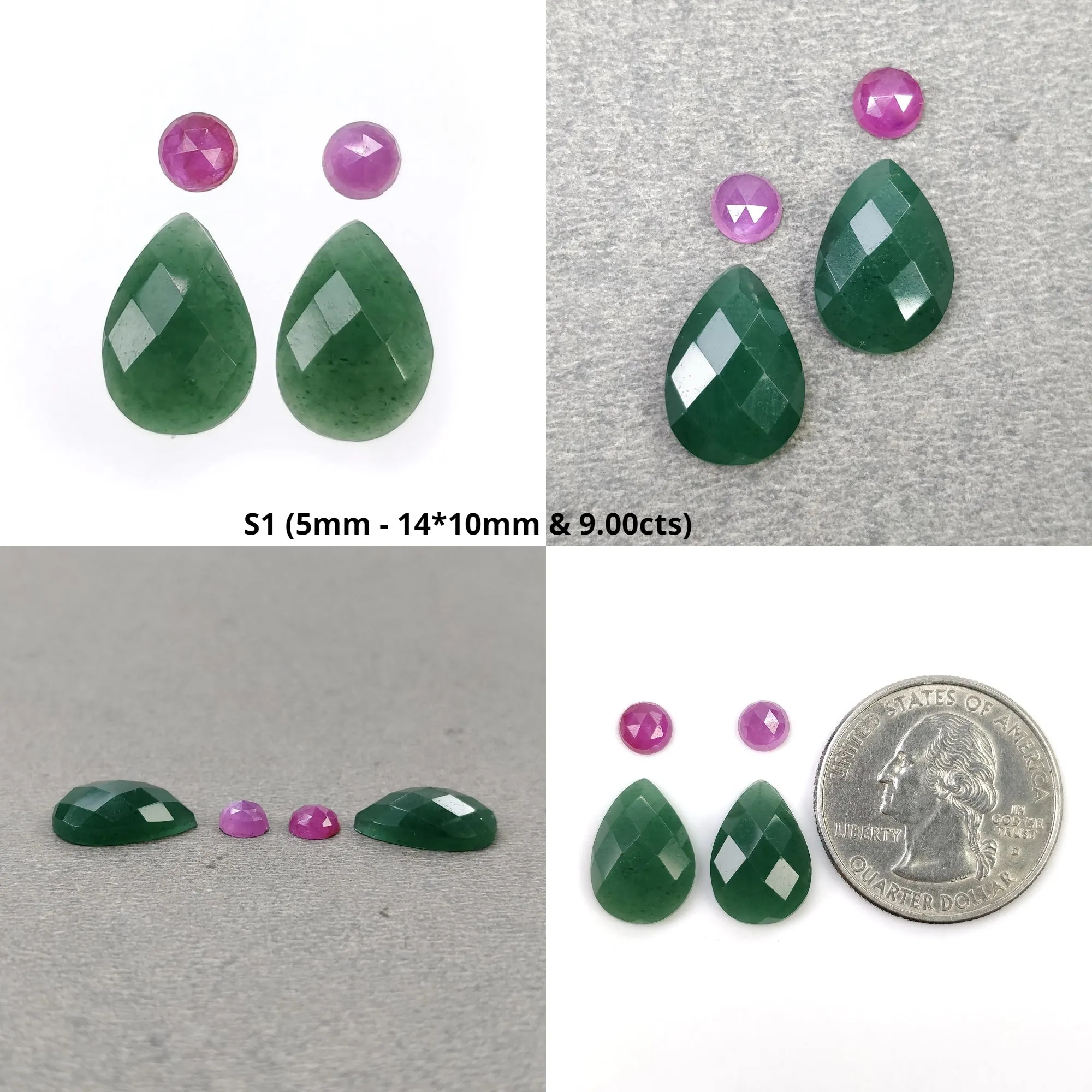 GREEN QUARTZITE & Raspberry Pink Sapphire Gemstone Checker Rose Cut : Natural Untreated Quartzite Pear Round Shape 4pcs