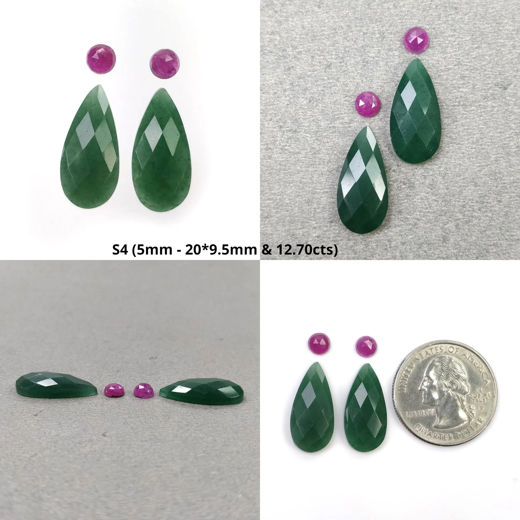 GREEN QUARTZITE & Raspberry Pink Sapphire Gemstone Checker Rose Cut : Natural Untreated Quartzite Pear Round Shape 4pcs