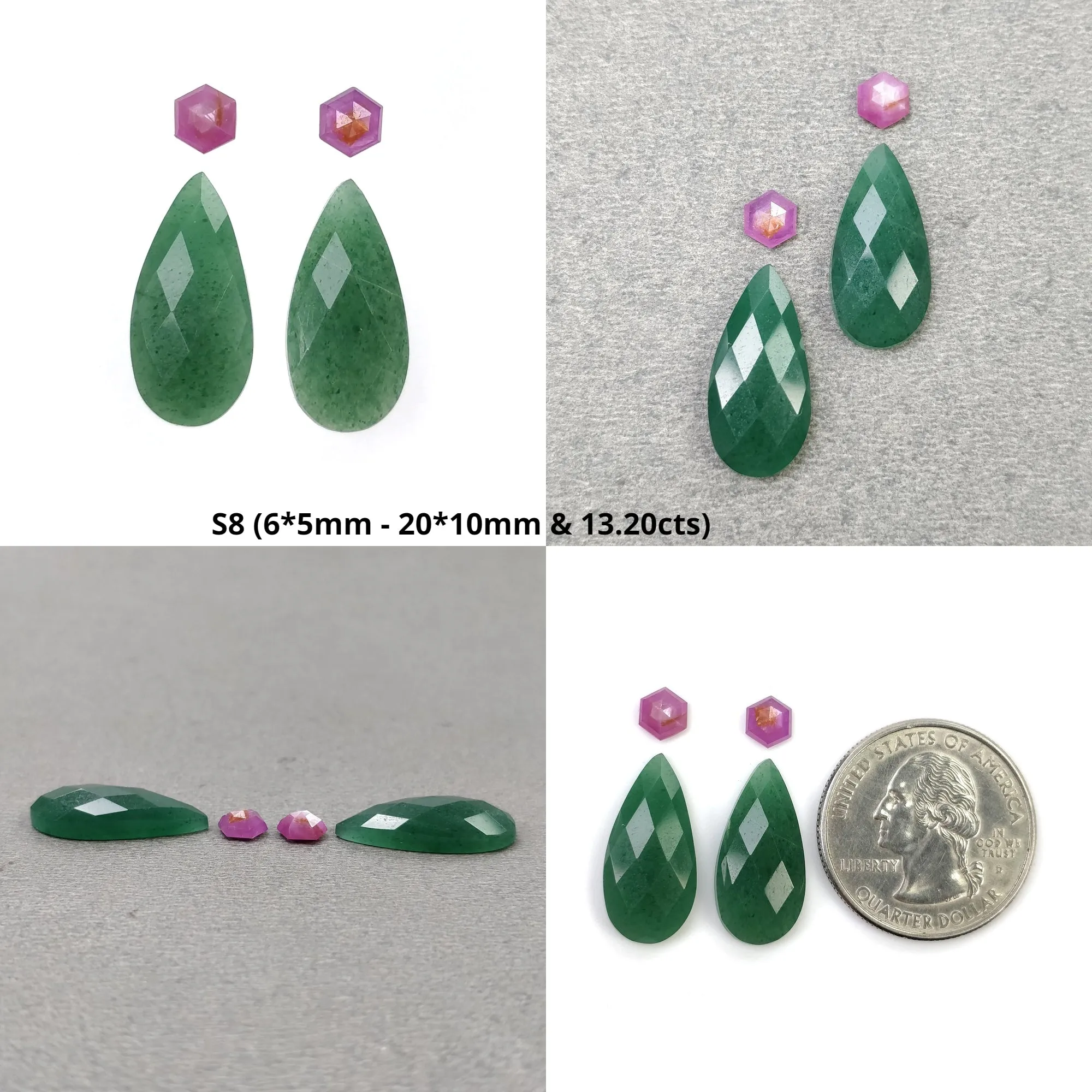 GREEN QUARTZITE & Raspberry Pink Sapphire Gemstone Checker Rose Cut : Natural Untreated Quartzite Pear Round Shape 4pcs