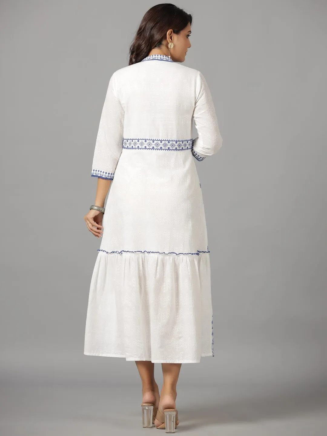 Juniper White & Blue Cotton Dobby Ethnic Motif Embroidered Tiered Maxi Dress