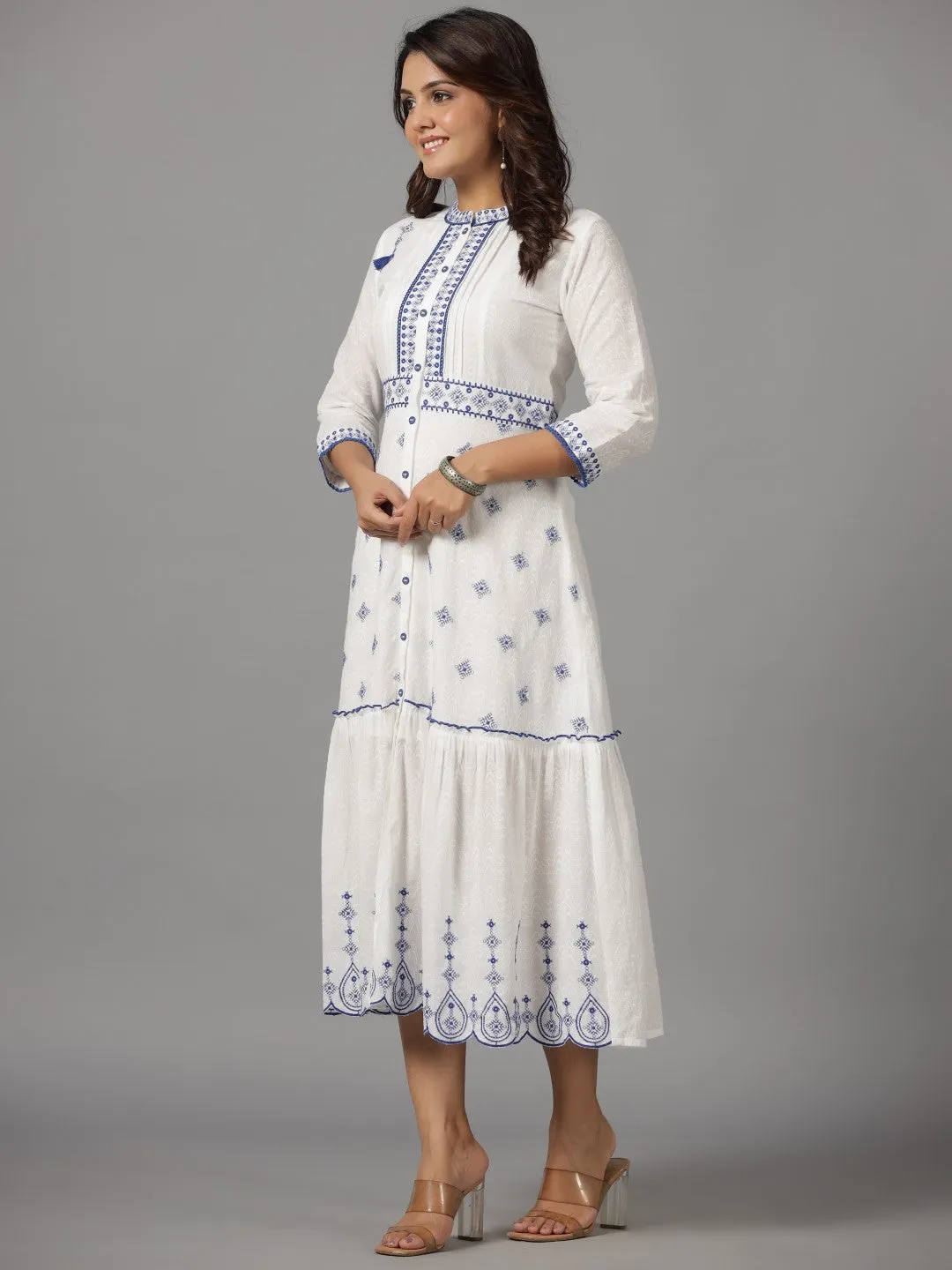 Juniper White & Blue Cotton Dobby Ethnic Motif Embroidered Tiered Maxi Dress