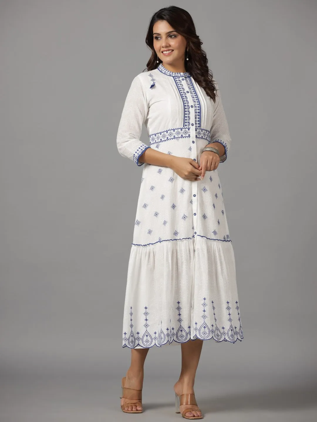 Juniper White & Blue Cotton Dobby Ethnic Motif Embroidered Tiered Maxi Dress