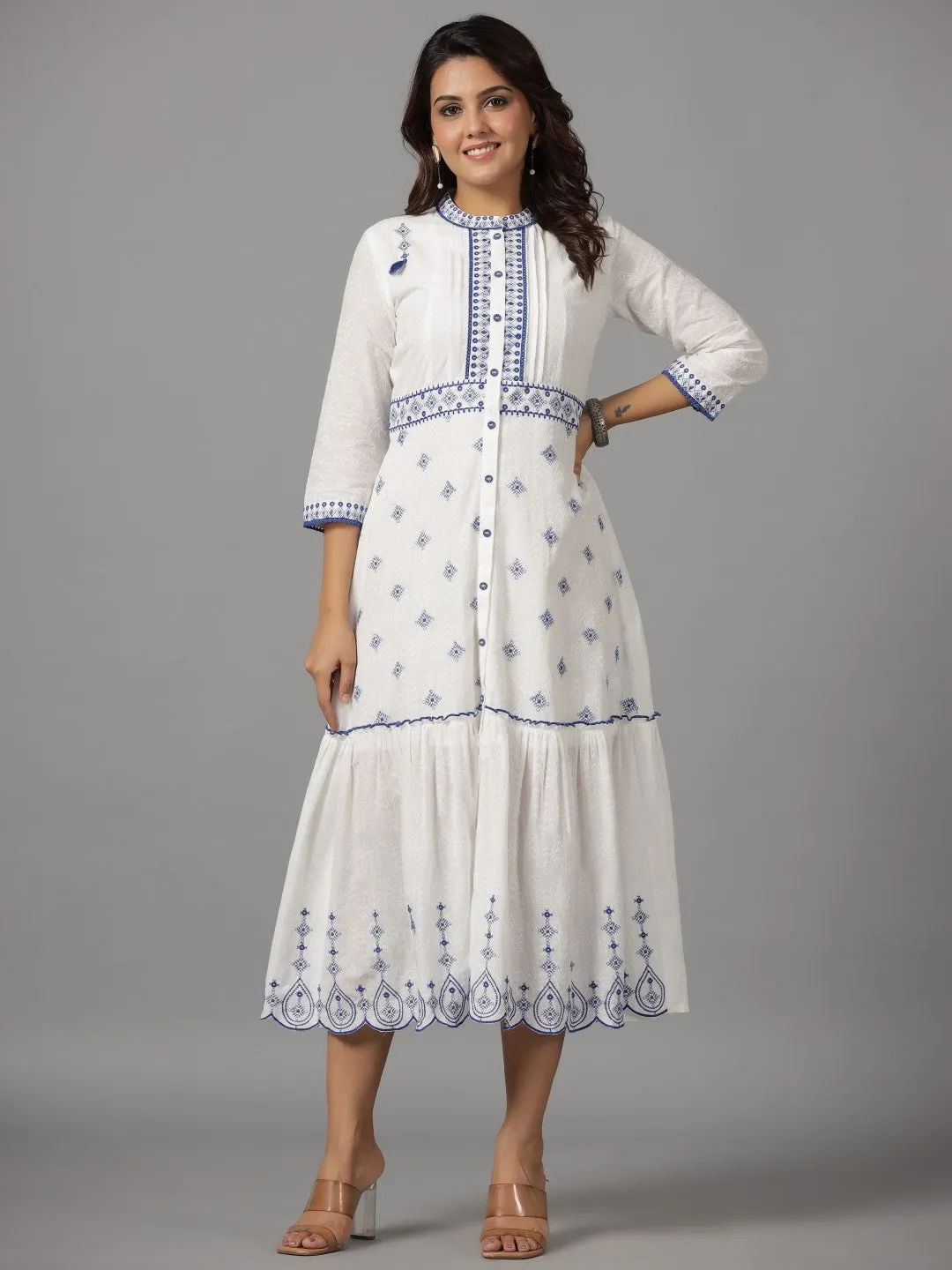 Juniper White & Blue Cotton Dobby Ethnic Motif Embroidered Tiered Maxi Dress