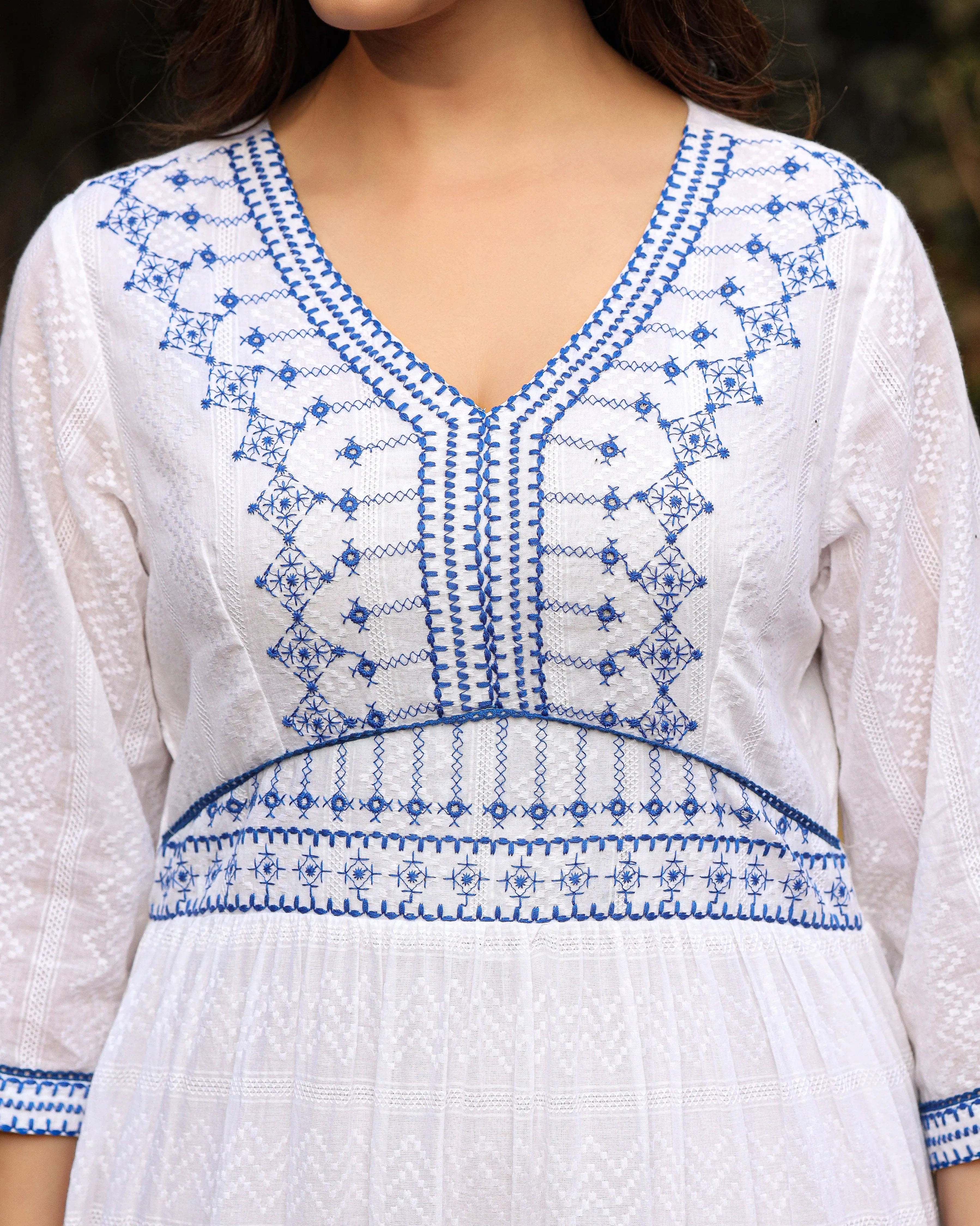 Juniper White Geometric Embroidered Cotton Dobby  Short Dress