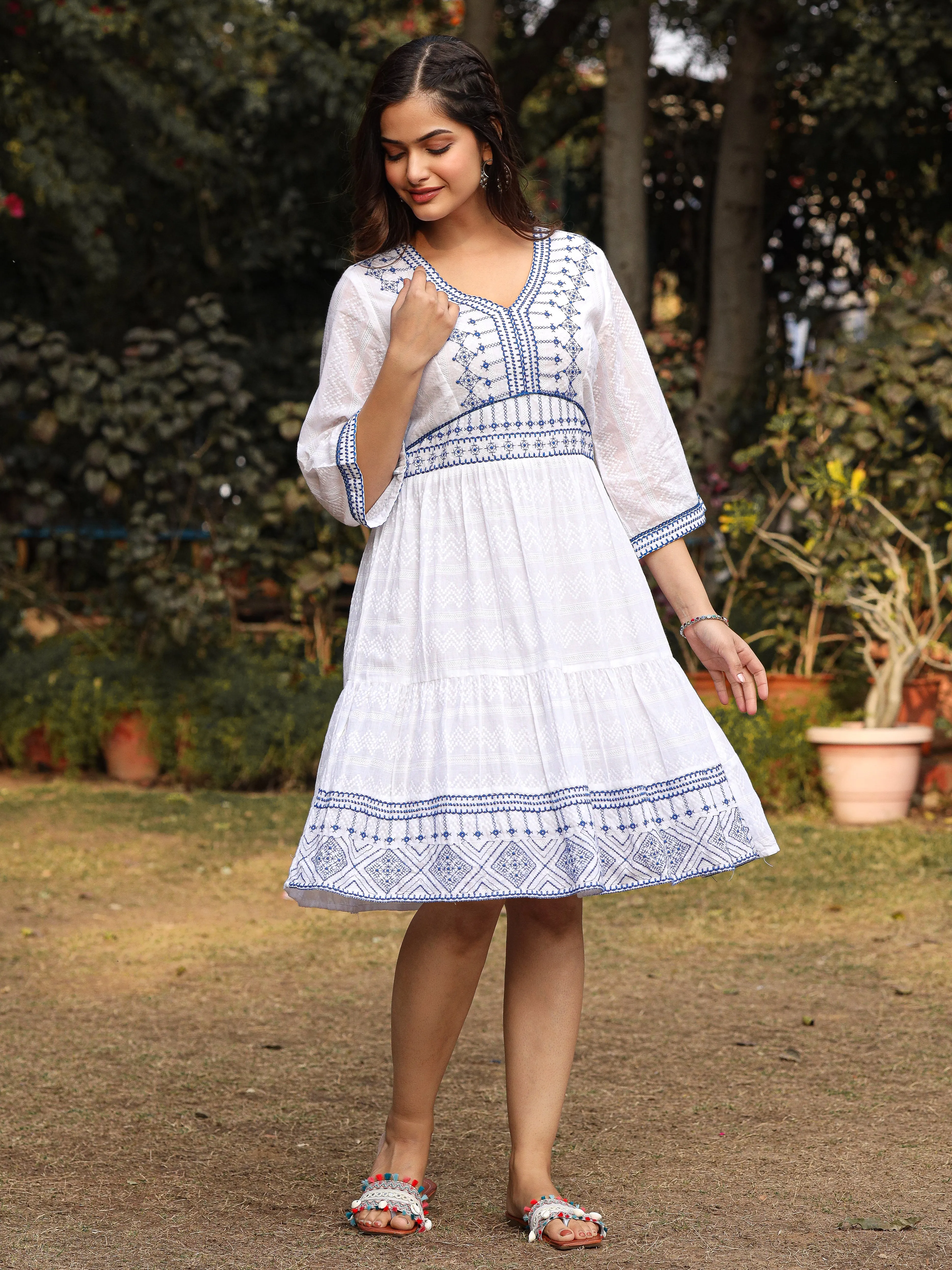 Juniper White Geometric Embroidered Cotton Dobby  Short Dress