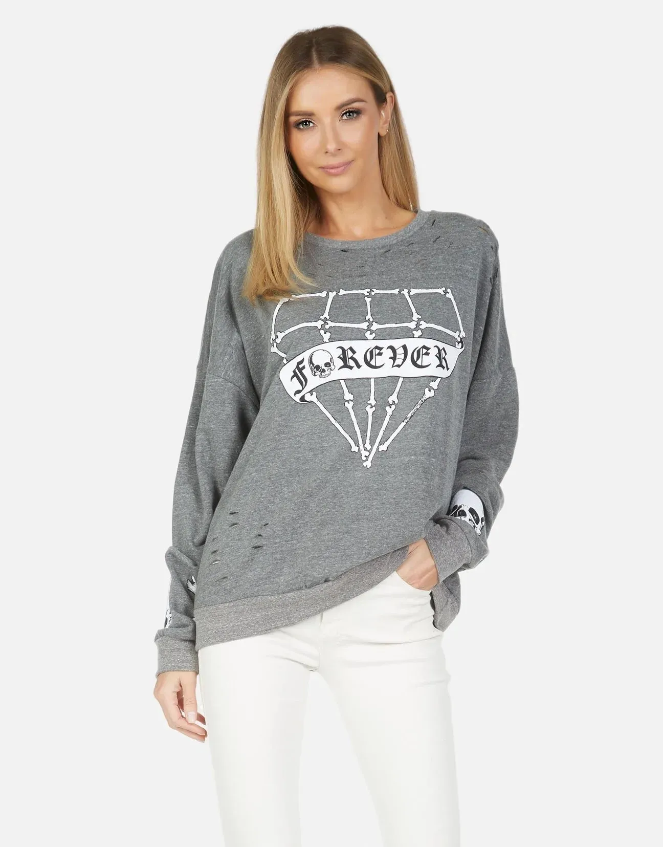 Lauren Moshi Flora Bone Diamond Distressed Pullover