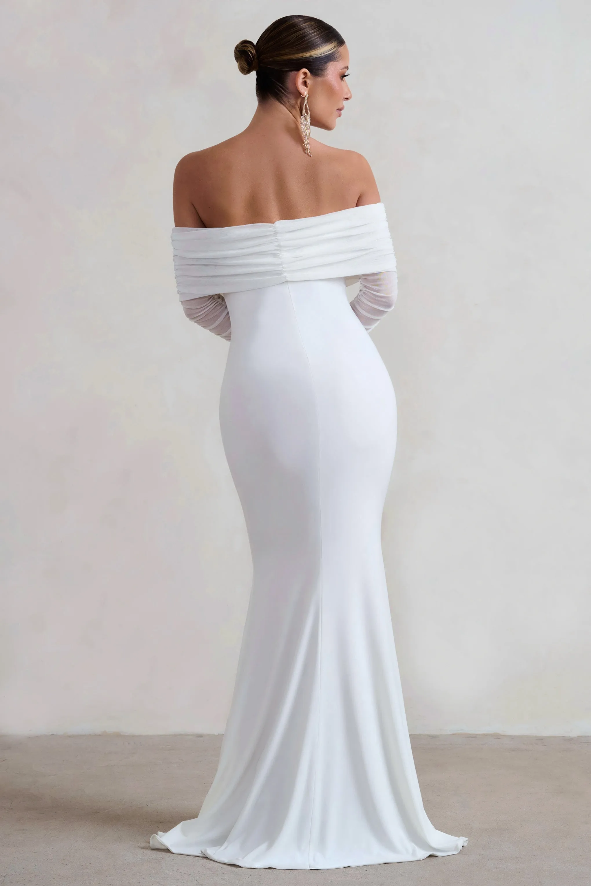 Madeleine | White Fishtail Maxi Dress With Bardot Mesh Long Sleeves