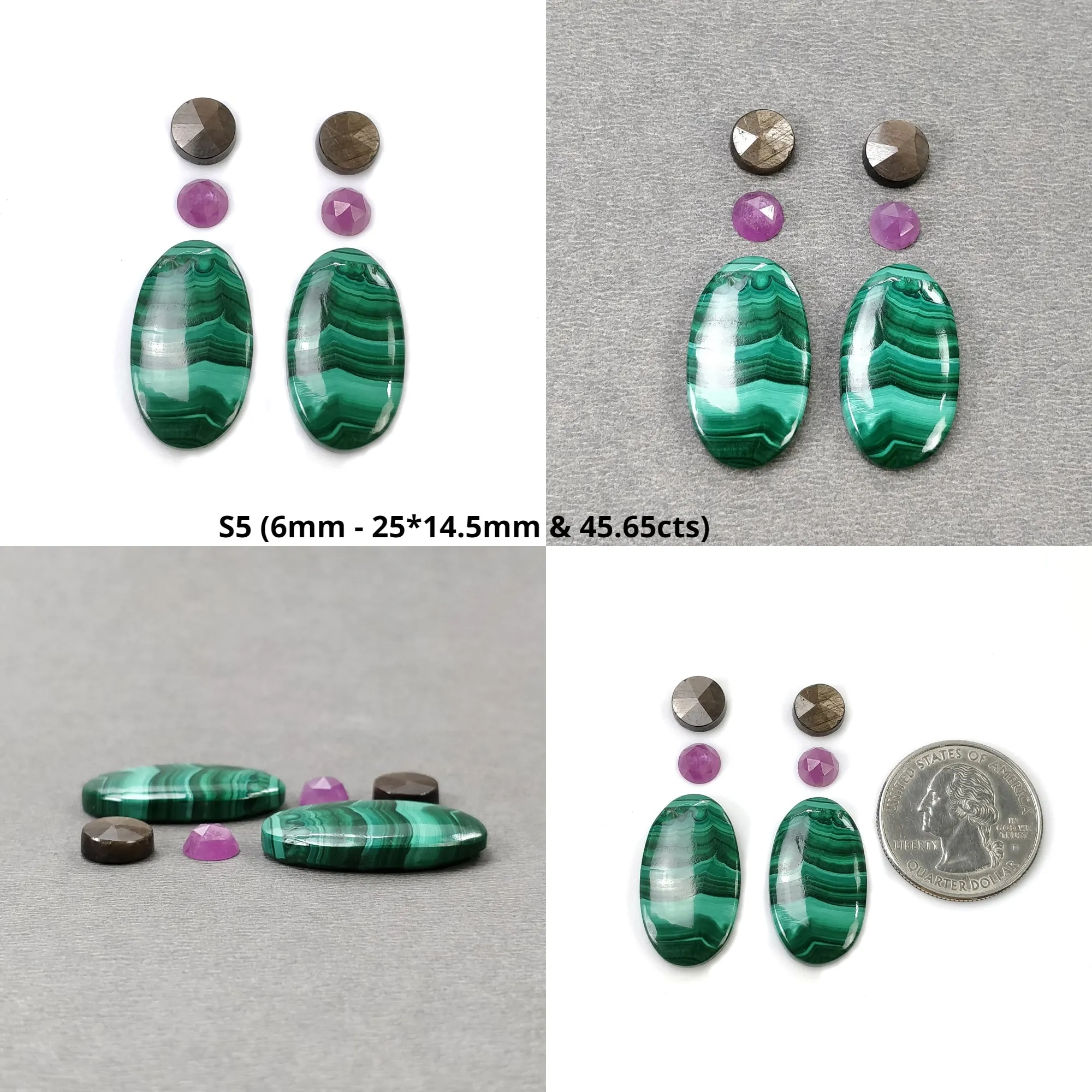 MALACHITE & Pink Silver Chocolate SAPPHIRE Gemstone Cabochon: Natural Untreated Bi-Color Malachite Oval Round Uneven 4pcs 6pcs