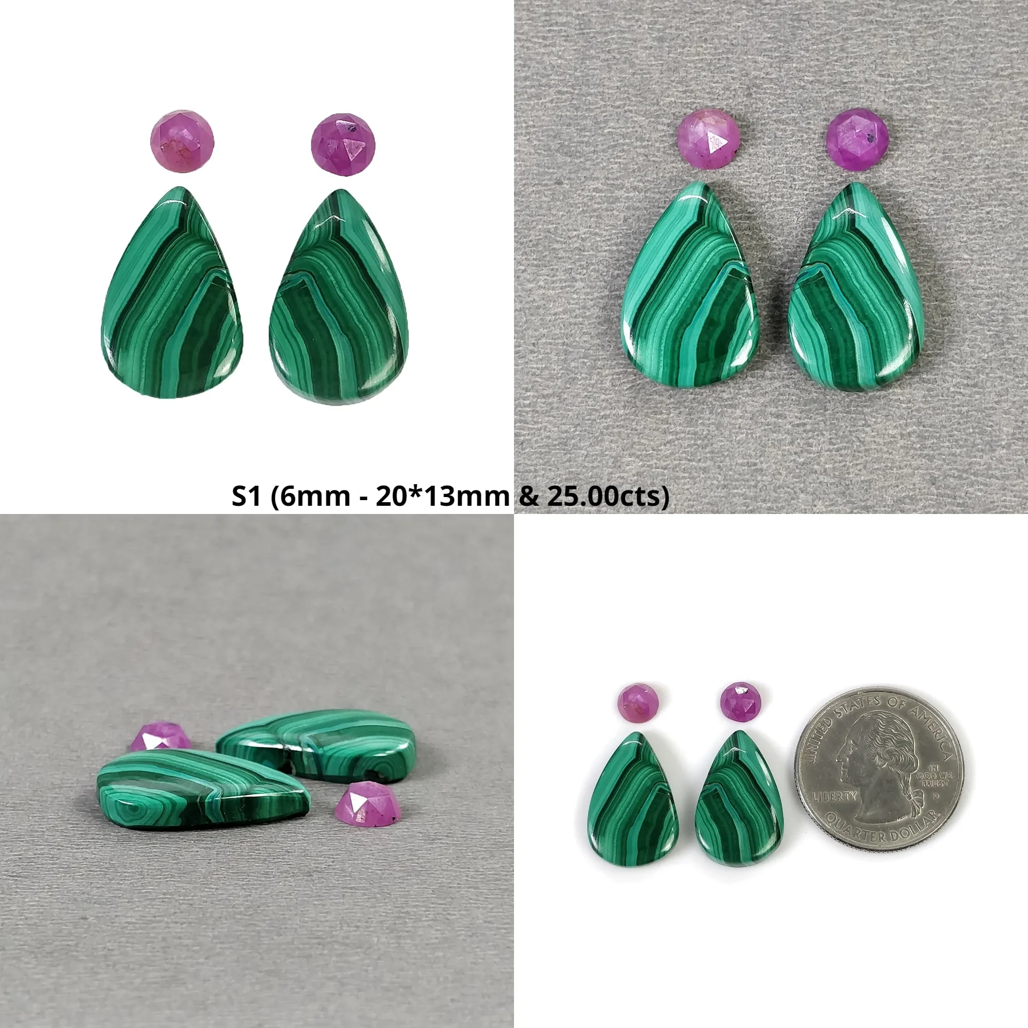 MALACHITE & Pink Silver Chocolate SAPPHIRE Gemstone Cabochon: Natural Untreated Bi-Color Malachite Oval Round Uneven 4pcs 6pcs