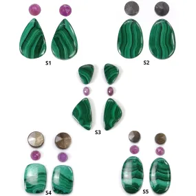 MALACHITE & Pink Silver Chocolate SAPPHIRE Gemstone Cabochon: Natural Untreated Bi-Color Malachite Oval Round Uneven 4pcs 6pcs