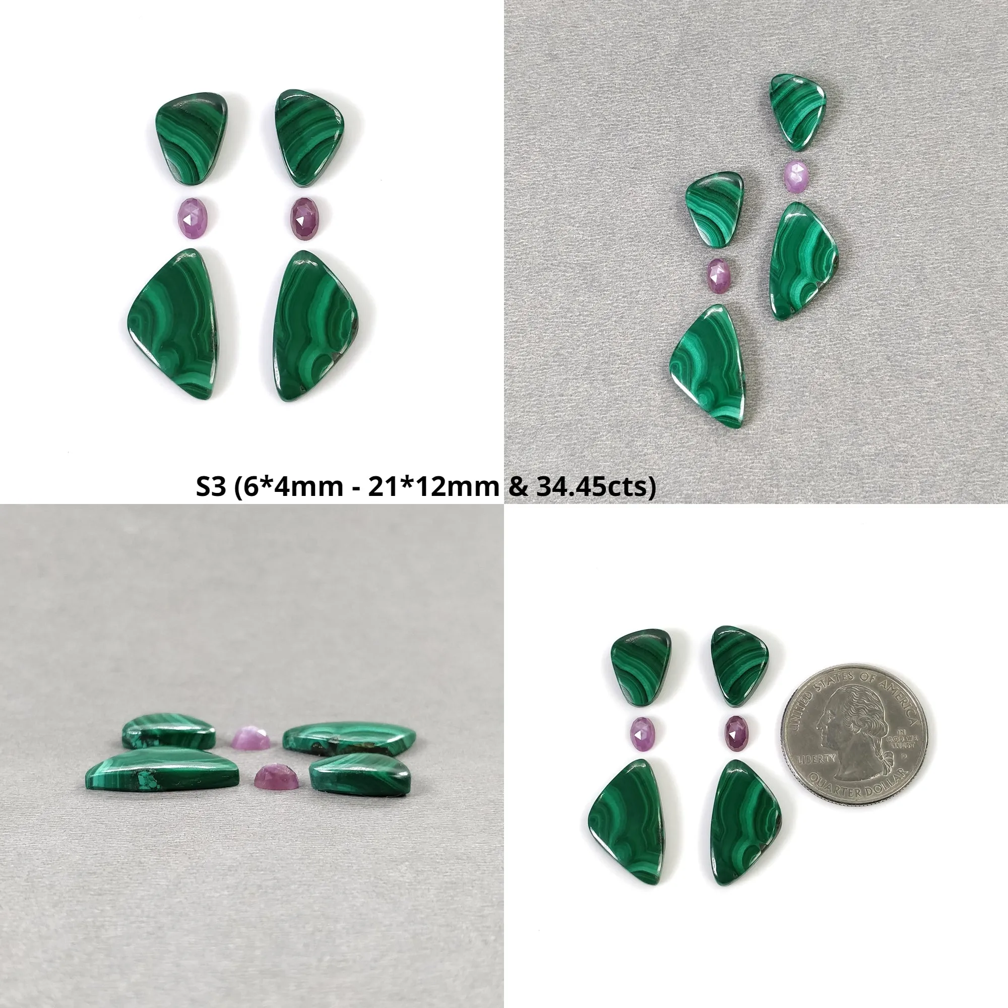 MALACHITE & Pink Silver Chocolate SAPPHIRE Gemstone Cabochon: Natural Untreated Bi-Color Malachite Oval Round Uneven 4pcs 6pcs