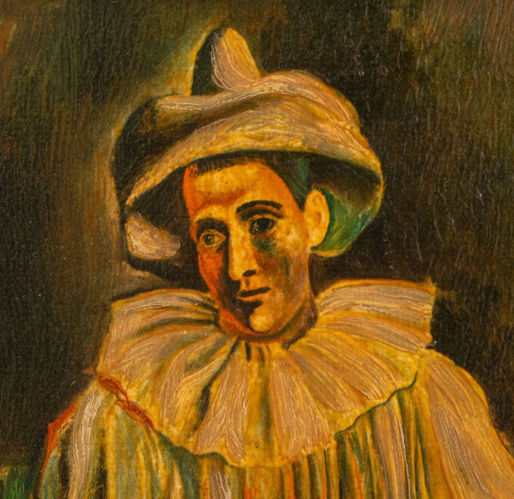 Mid-Century Modern Pierrot Clown Oil on Canvas