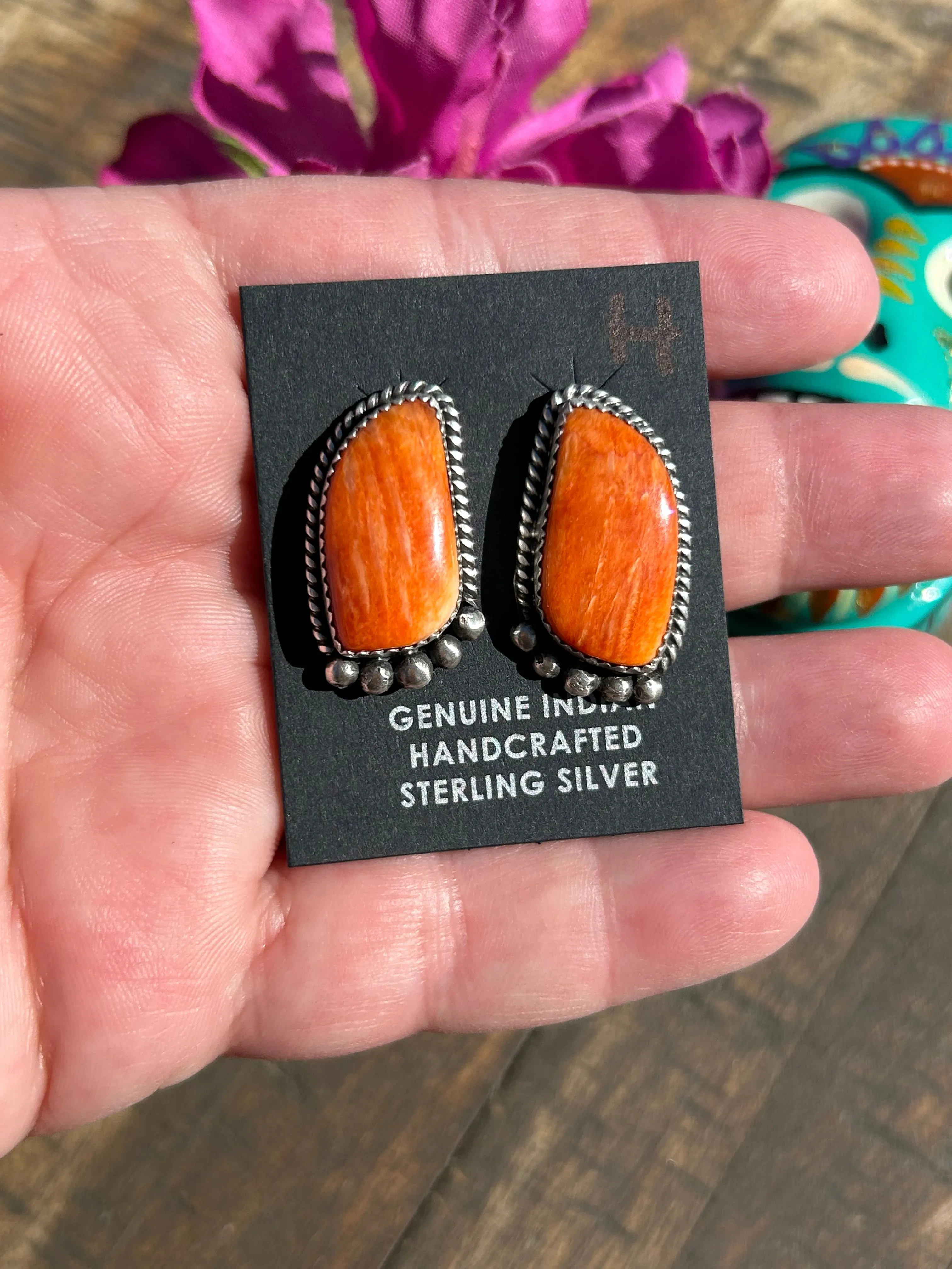 Orange Spiny Single Stone Earrings- H