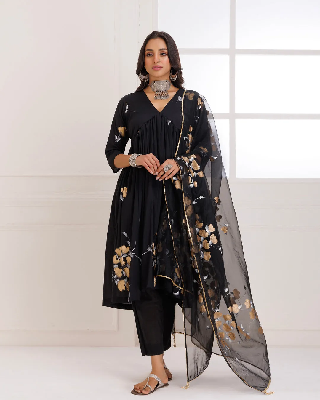 Rangreza Black HandPainted Gathered Suit Set - Set of 3