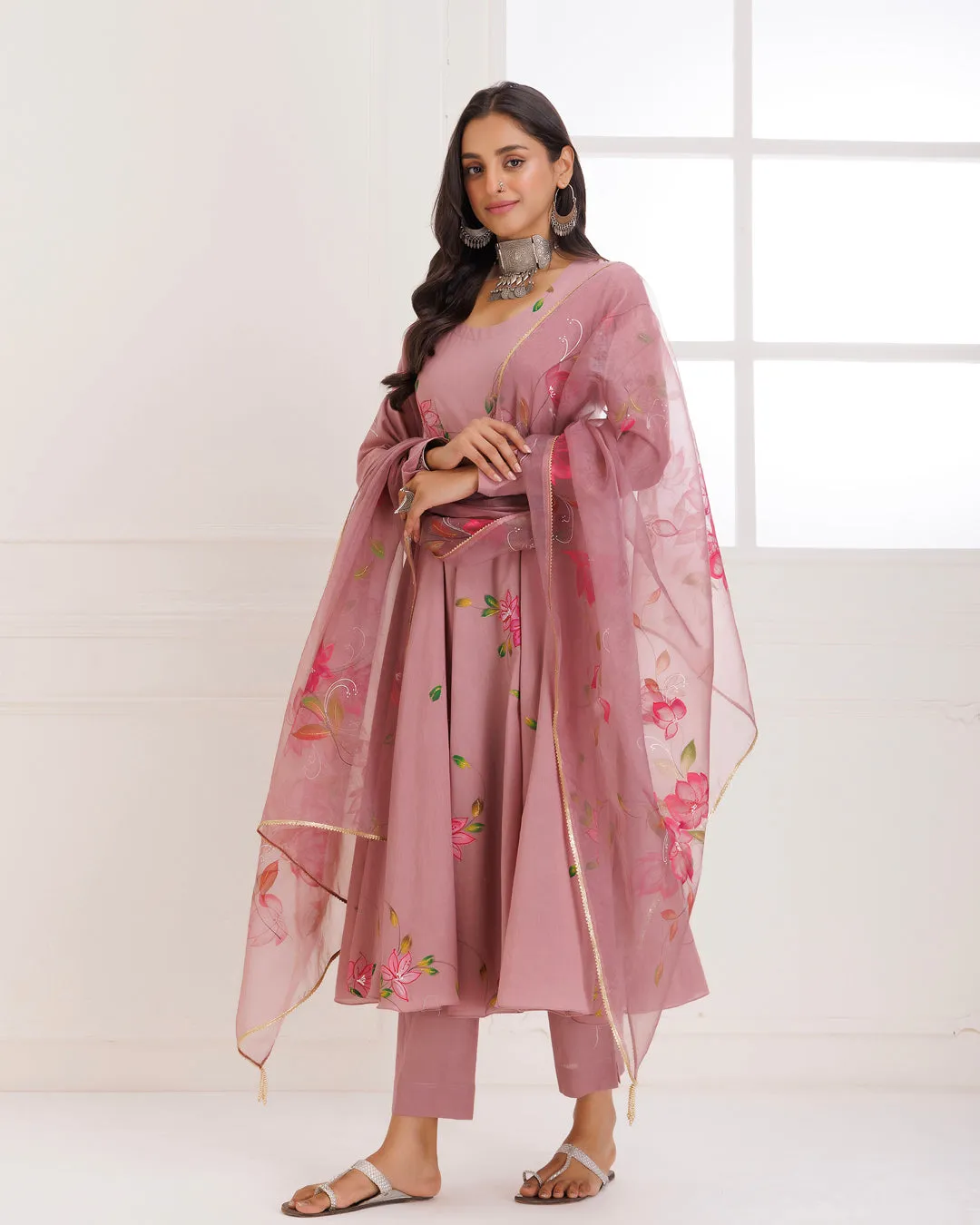 Rangreza Mauve HandPainted Anarkali Suit Set - Set of 3