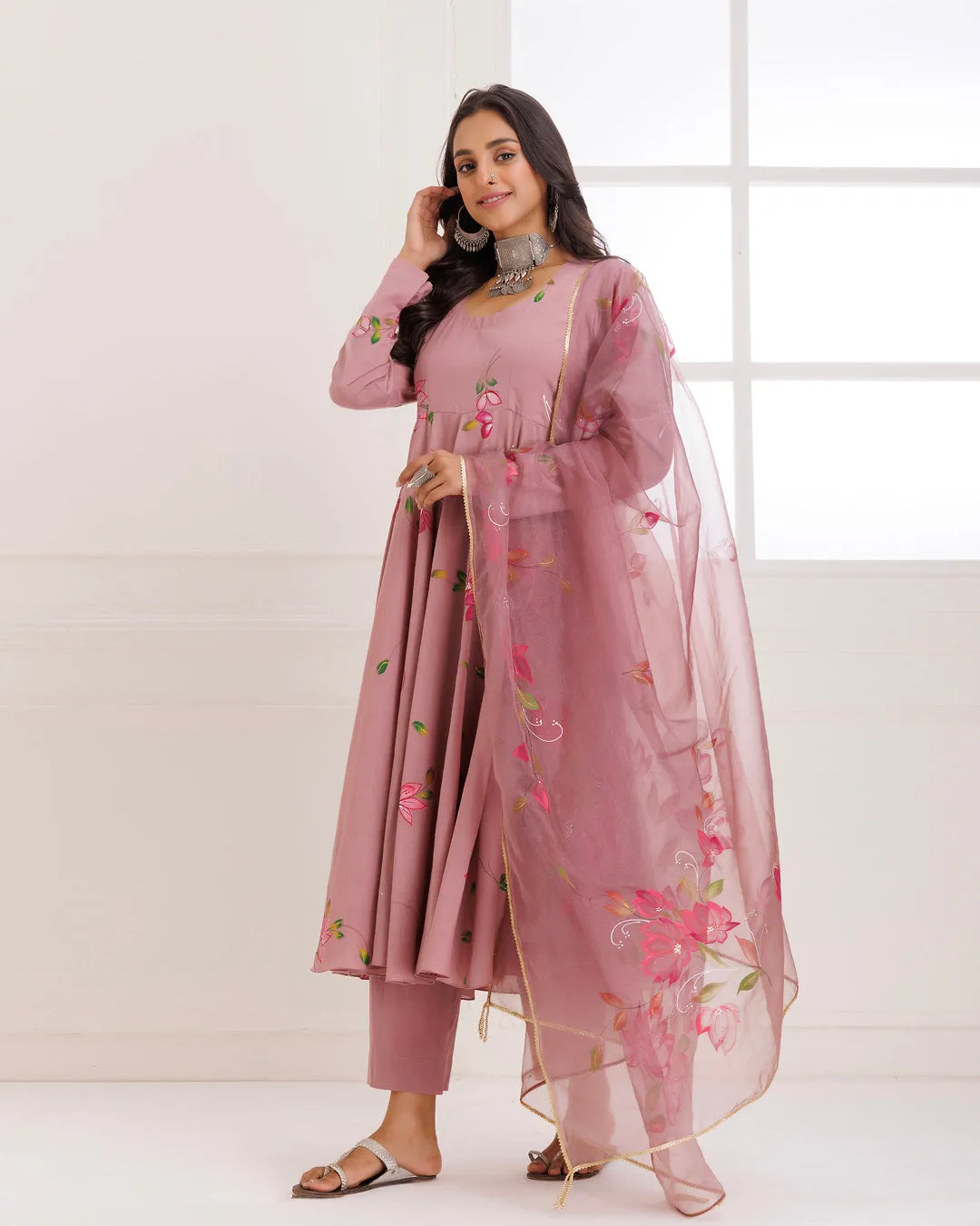 Rangreza Mauve HandPainted Anarkali Suit Set - Set of 3