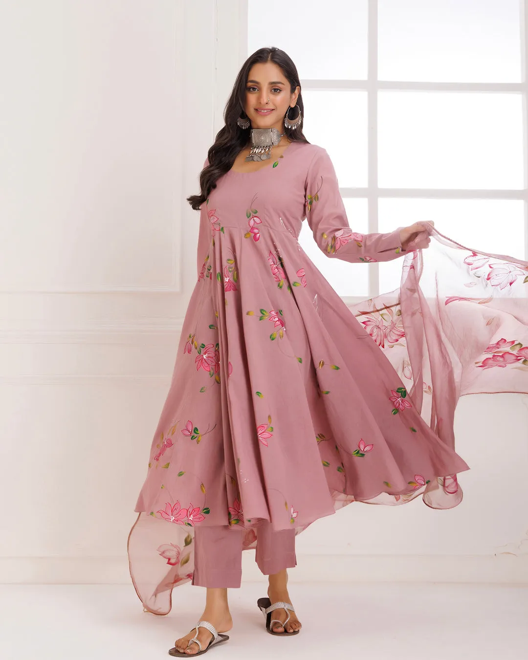 Rangreza Mauve HandPainted Anarkali Suit Set - Set of 3