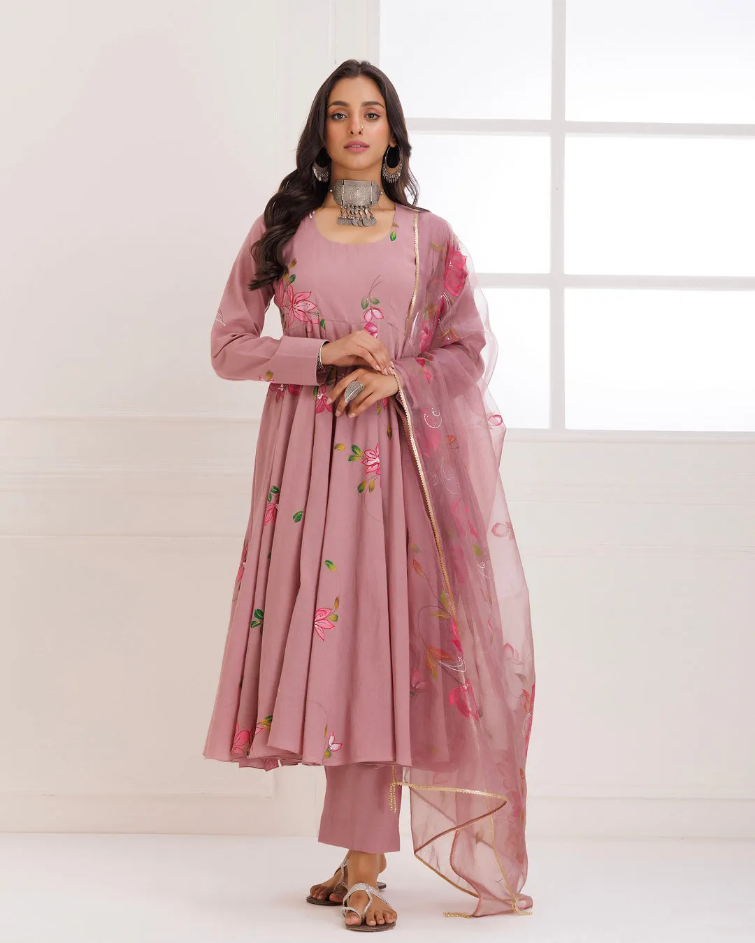 Rangreza Mauve HandPainted Anarkali Suit Set - Set of 3