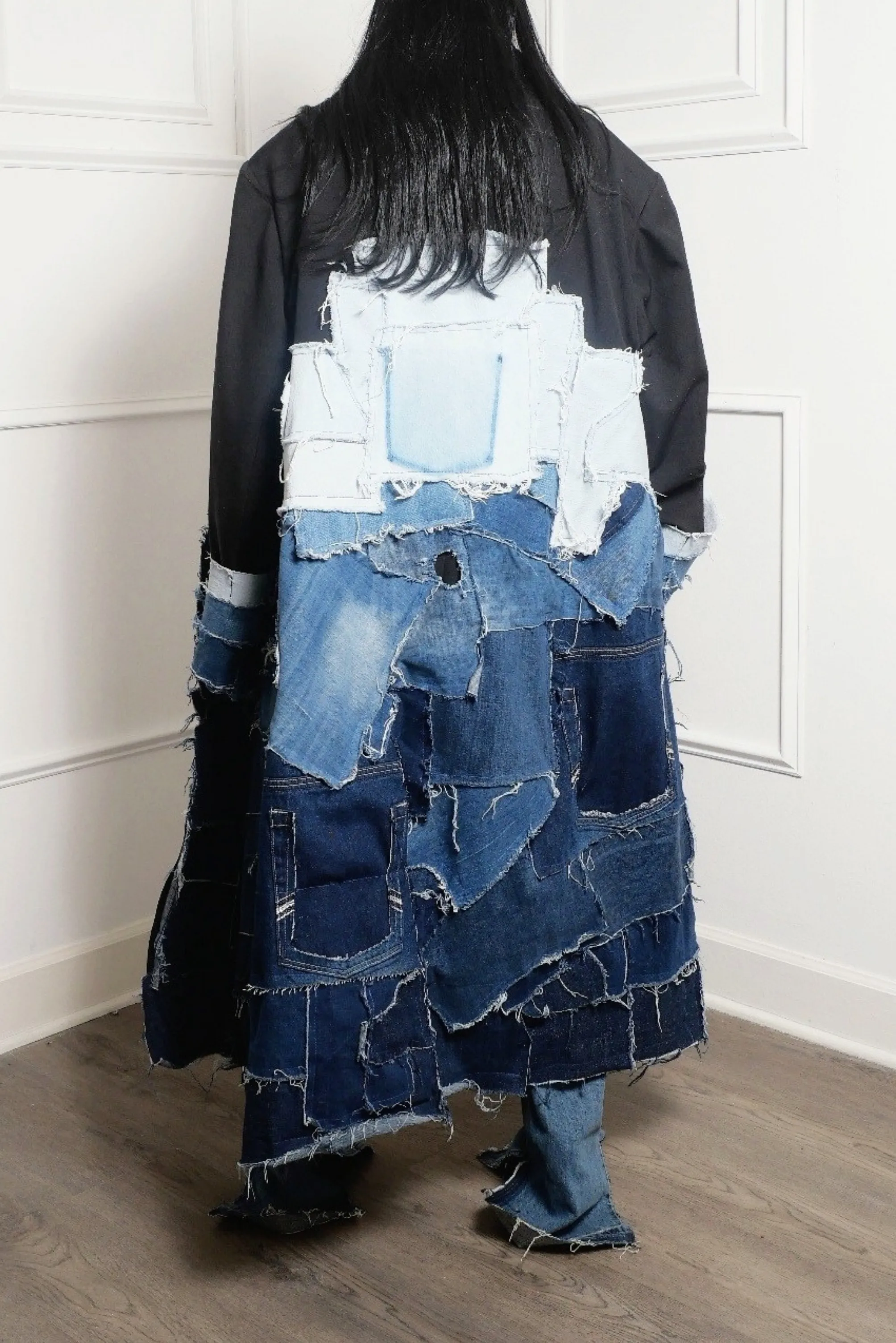 Upcycled by hand Long Denim Patchwork Jacket (Preorder)- MTO