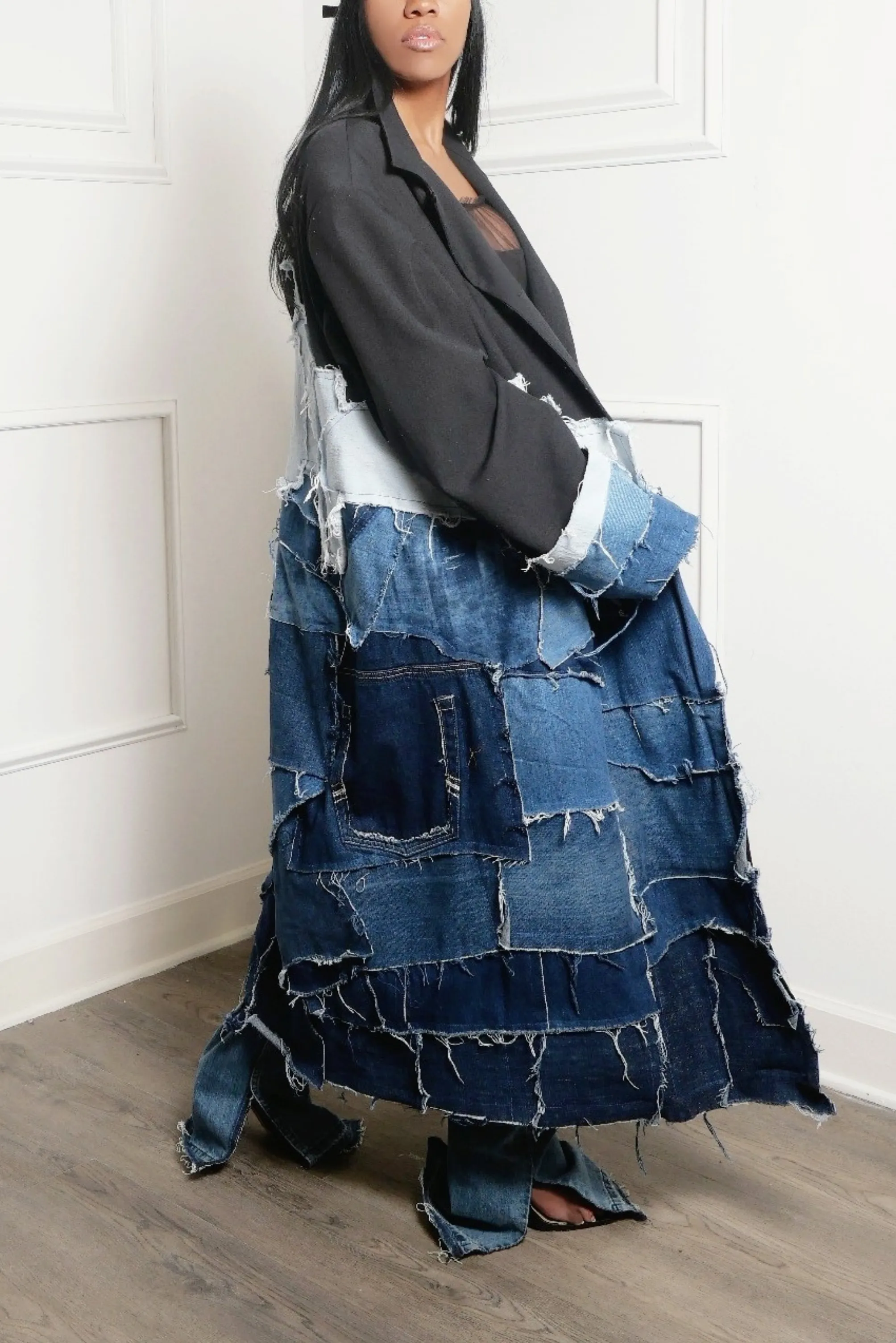 Upcycled by hand Long Denim Patchwork Jacket (Preorder)- MTO