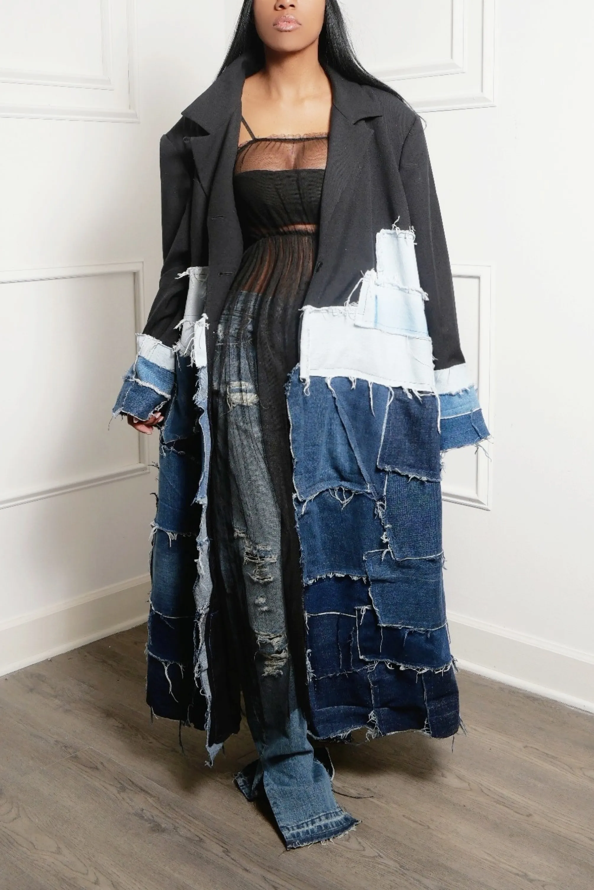 Upcycled by hand Long Denim Patchwork Jacket (Preorder)- MTO