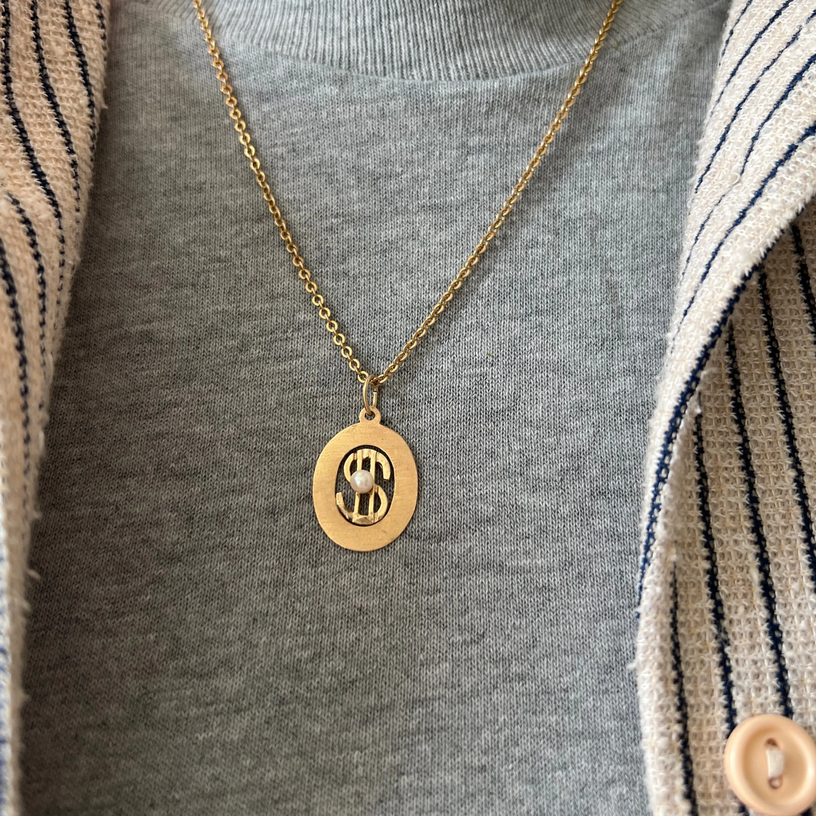 V I N T A G E // money talisman / 14k mid century style dollar sign with pearl / a pendant charm