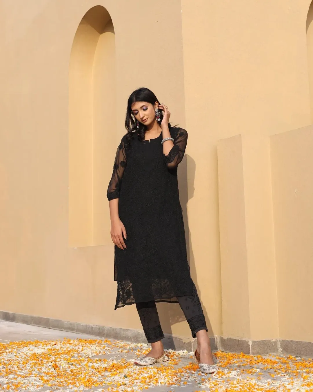 Zara Black Georgette Chikankari Long Kurti