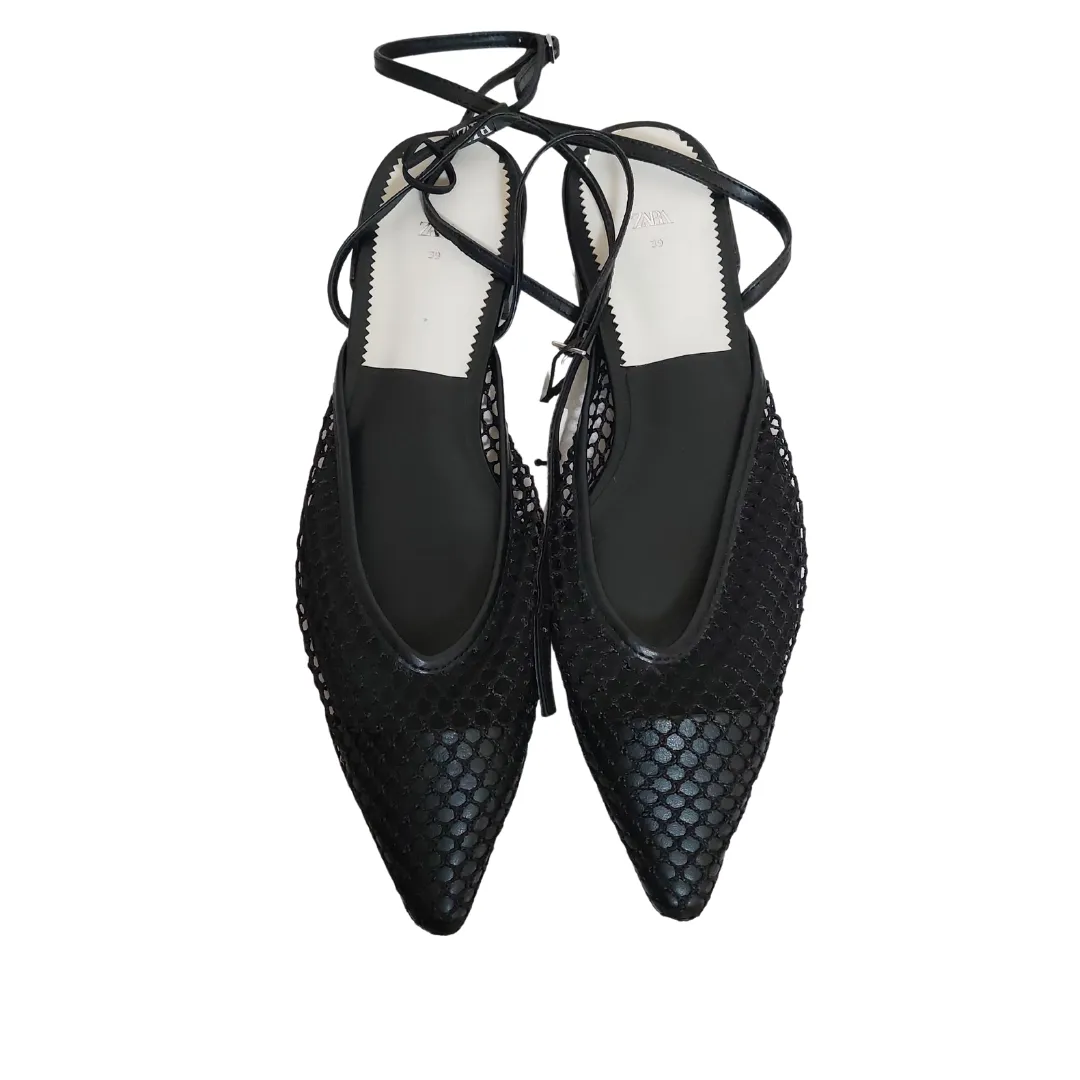 ZARA Black Mesh Criss-cross Ankle Strap Pointed Flats | Brand New |