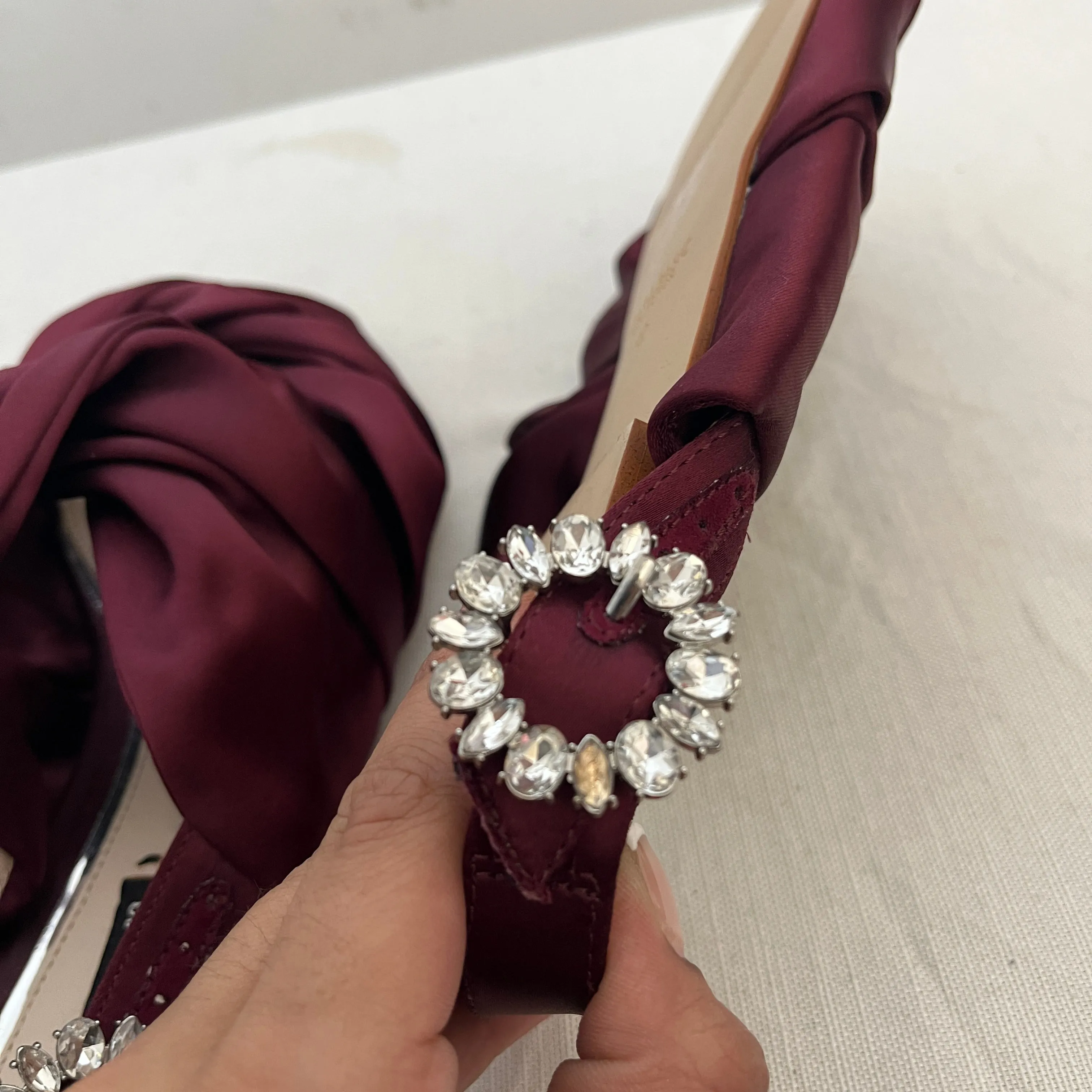 ZARA Maroon Satin Rhinestone Open-toe Flat Sandals | Brand New |