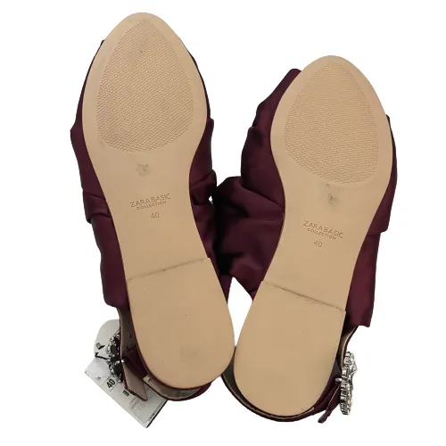 ZARA Maroon Satin Rhinestone Open-toe Flat Sandals | Brand New |