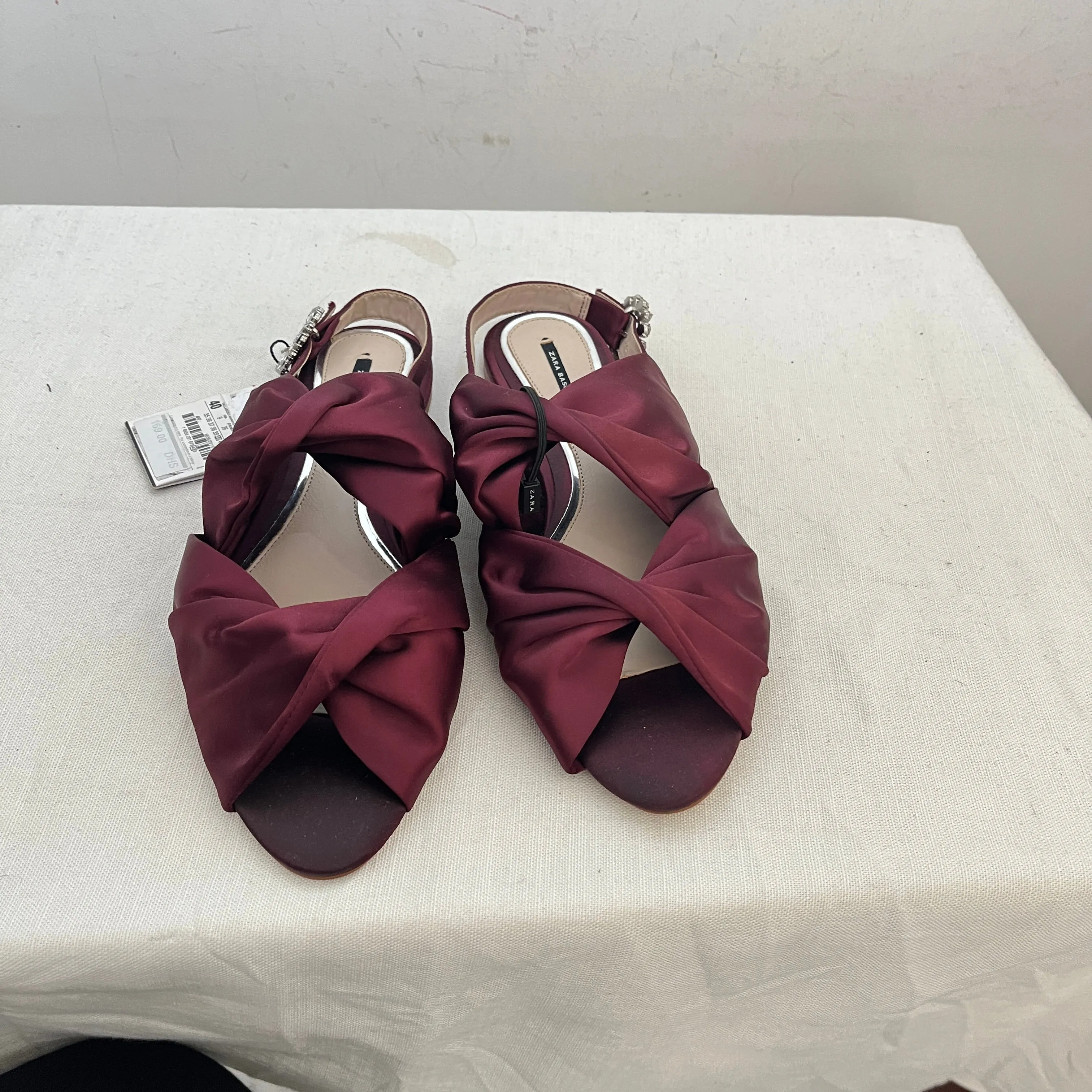 ZARA Maroon Satin Rhinestone Open-toe Flat Sandals | Brand New |