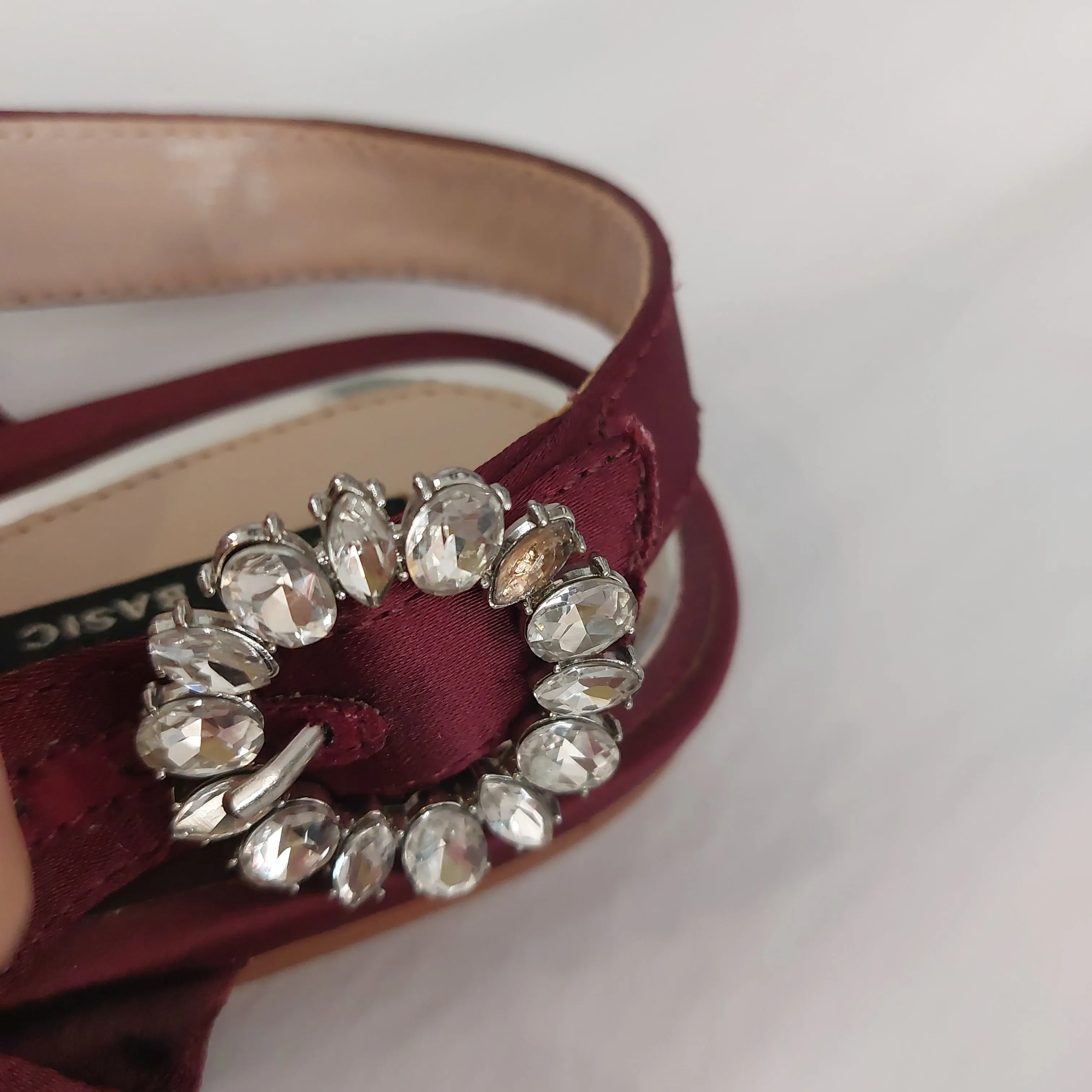 ZARA Maroon Satin Rhinestone Open-toe Flat Sandals | Brand New |